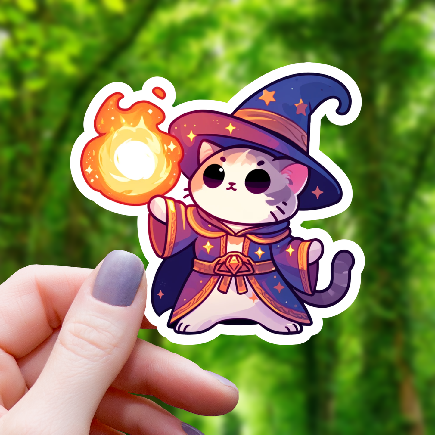 Cat Wizard Casting Fireball Sticker - 3"