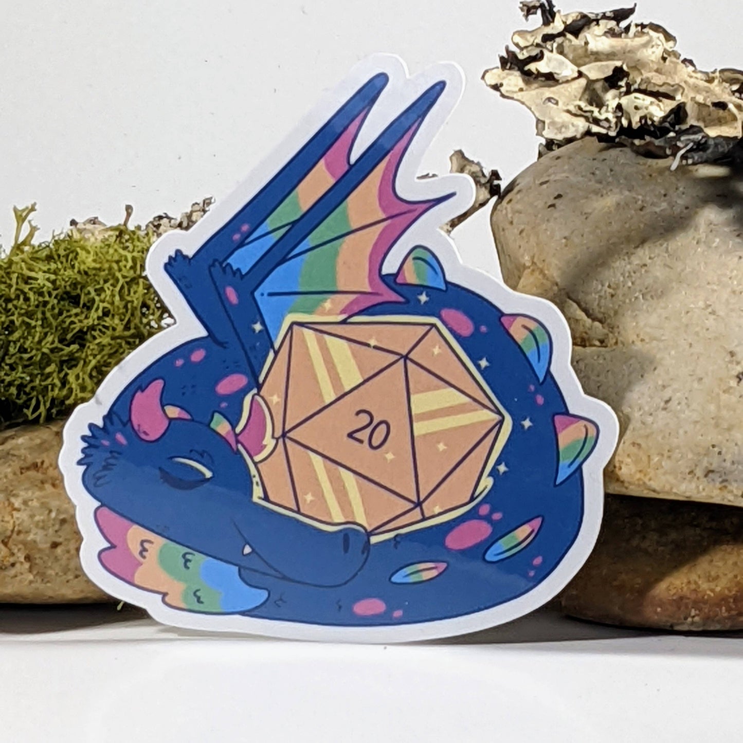 Rainbow Dragon Protecting Polyhedral D20 Sticker - 3"