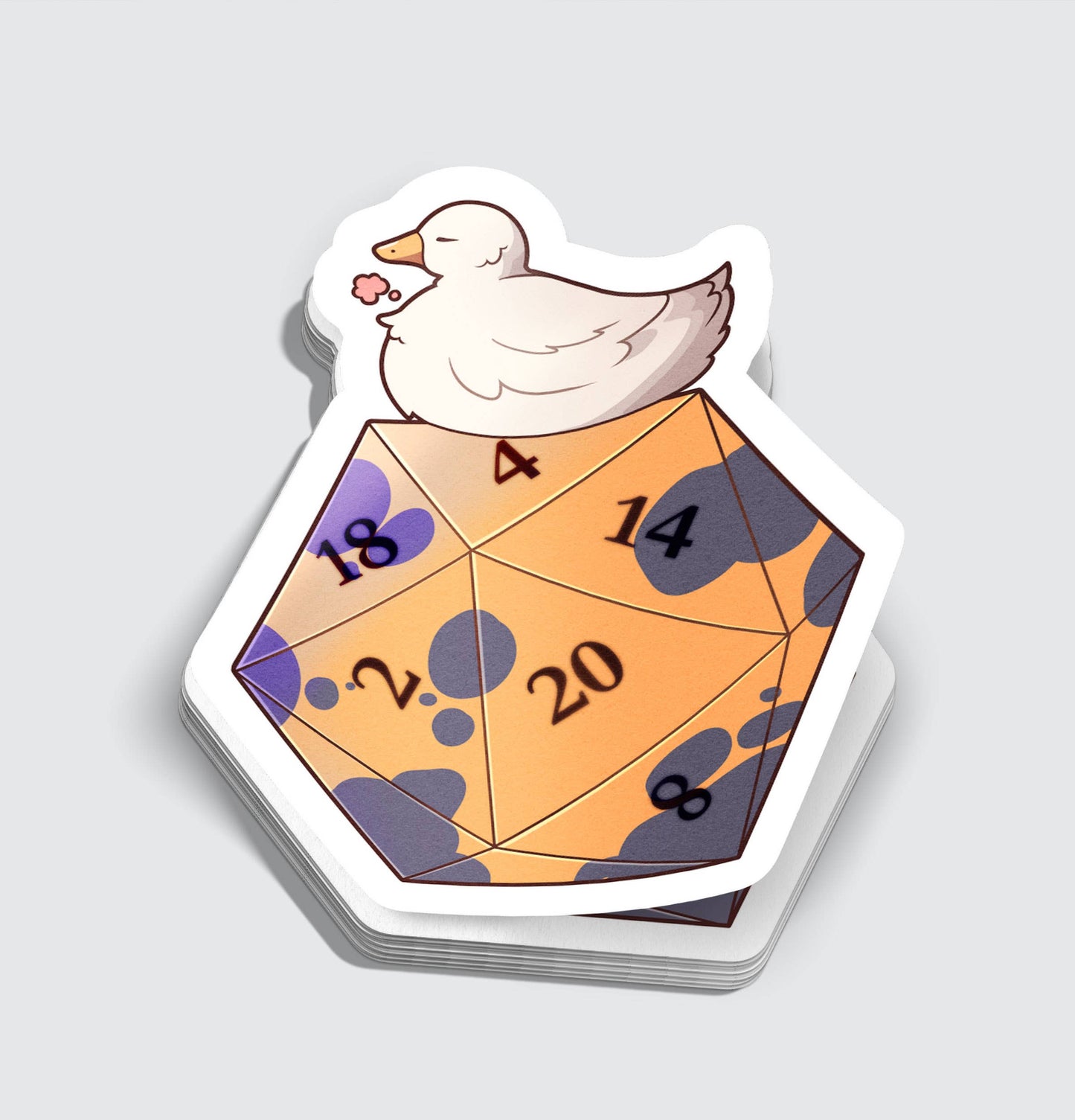 Cute Duck Sitting Atop Polyhedral D20 Sticker - 3"