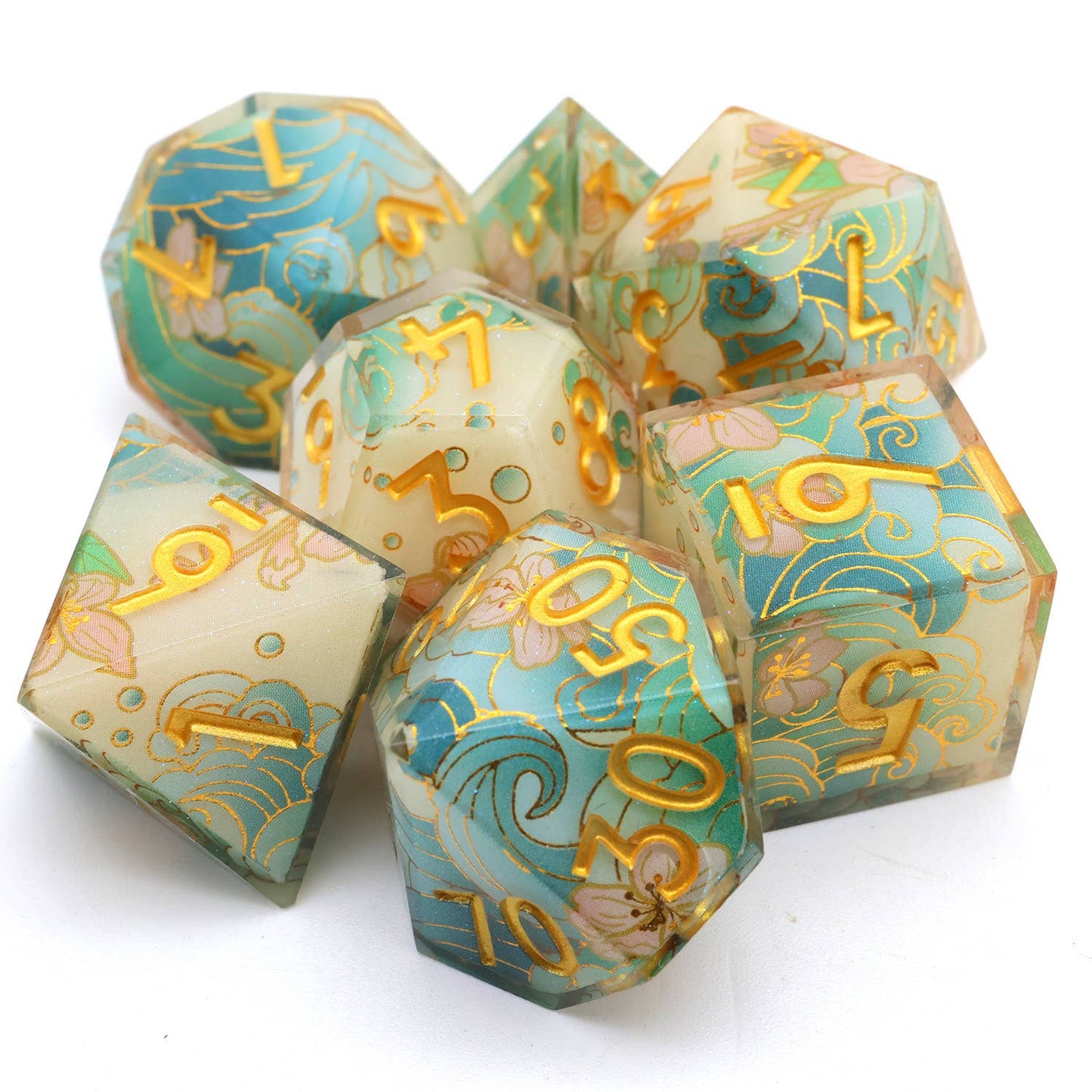 Emerald Tide | Art Core Sharp Edge Dice | 7 Piece Dice Set