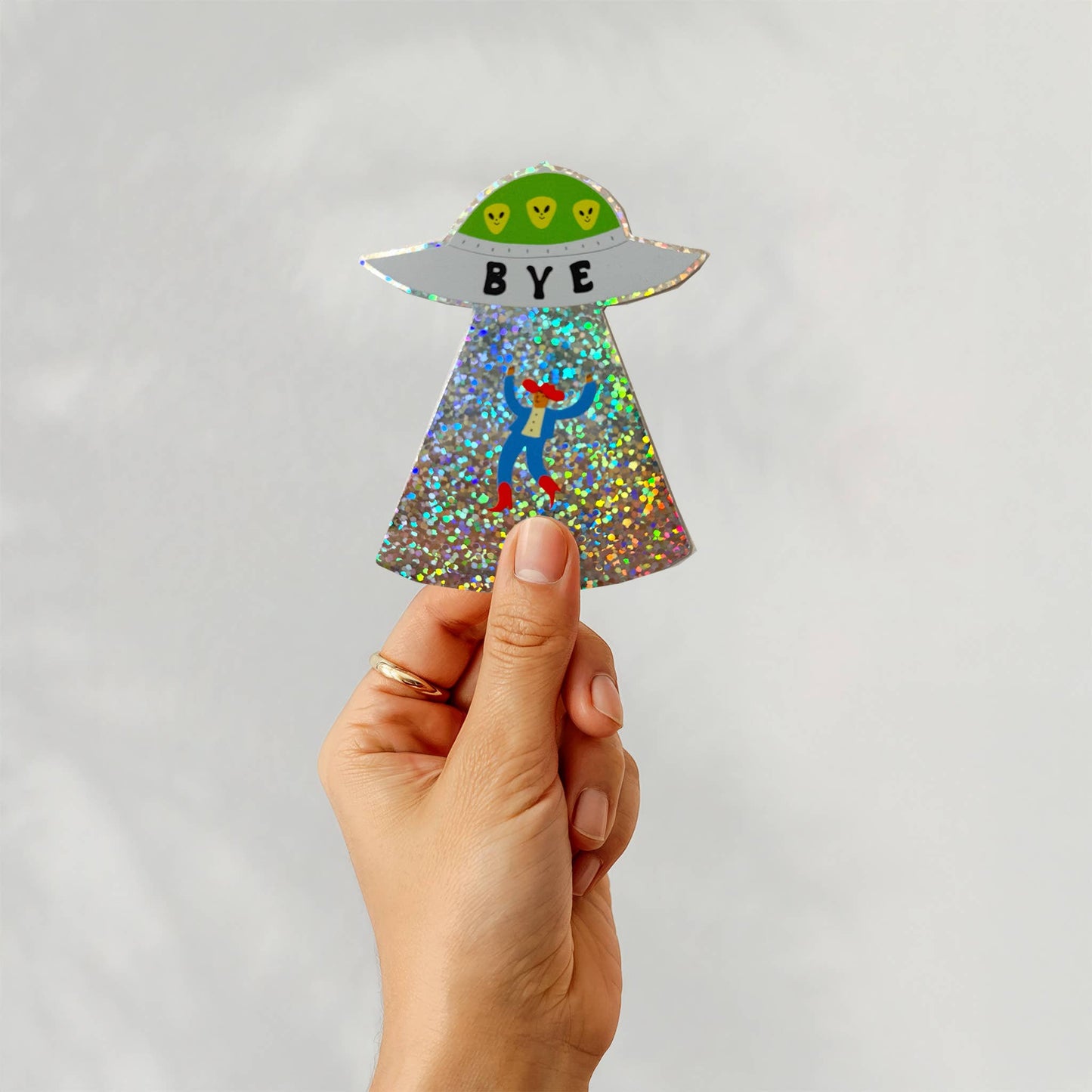 'Bye' Cowboy UFO Glitter Sticker | Die Cut Alien Sticker
