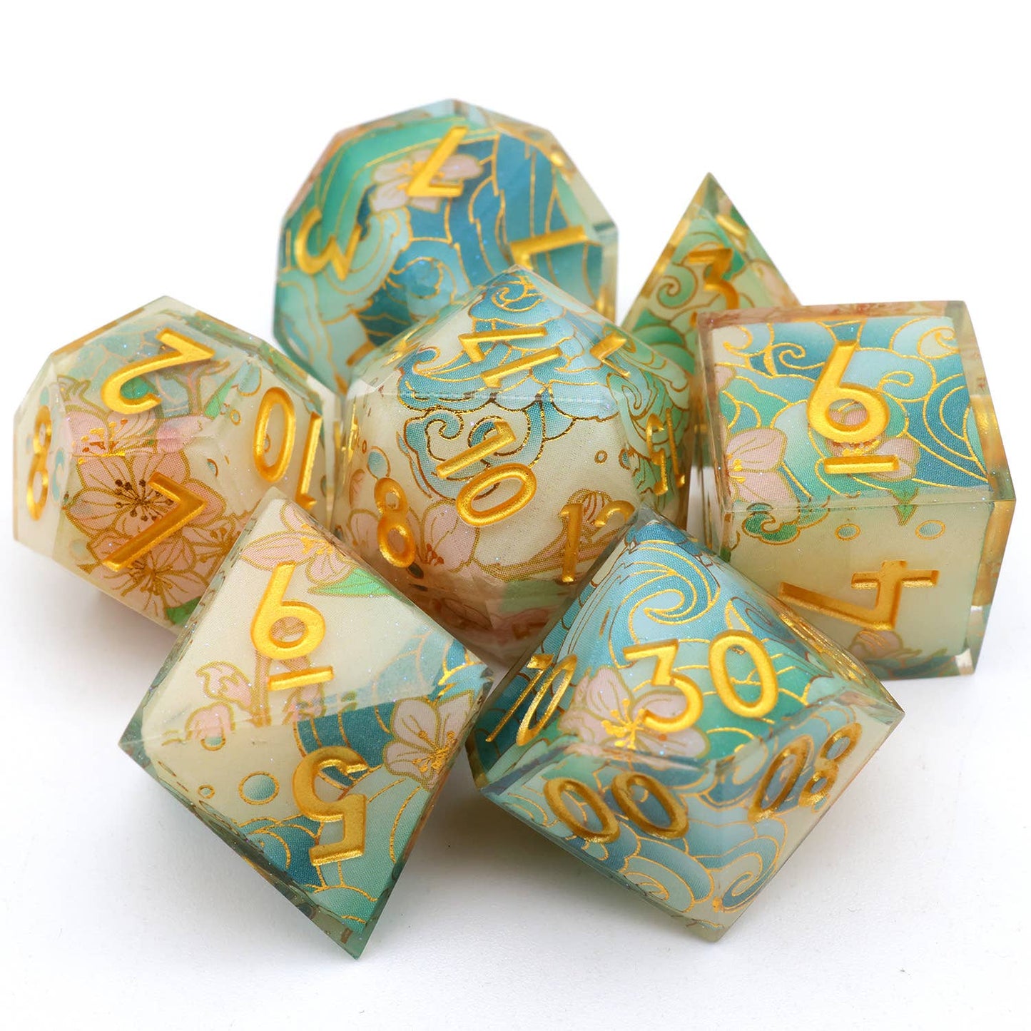 Emerald Tide | Art Core Sharp Edge Dice | 7 Piece Dice Set
