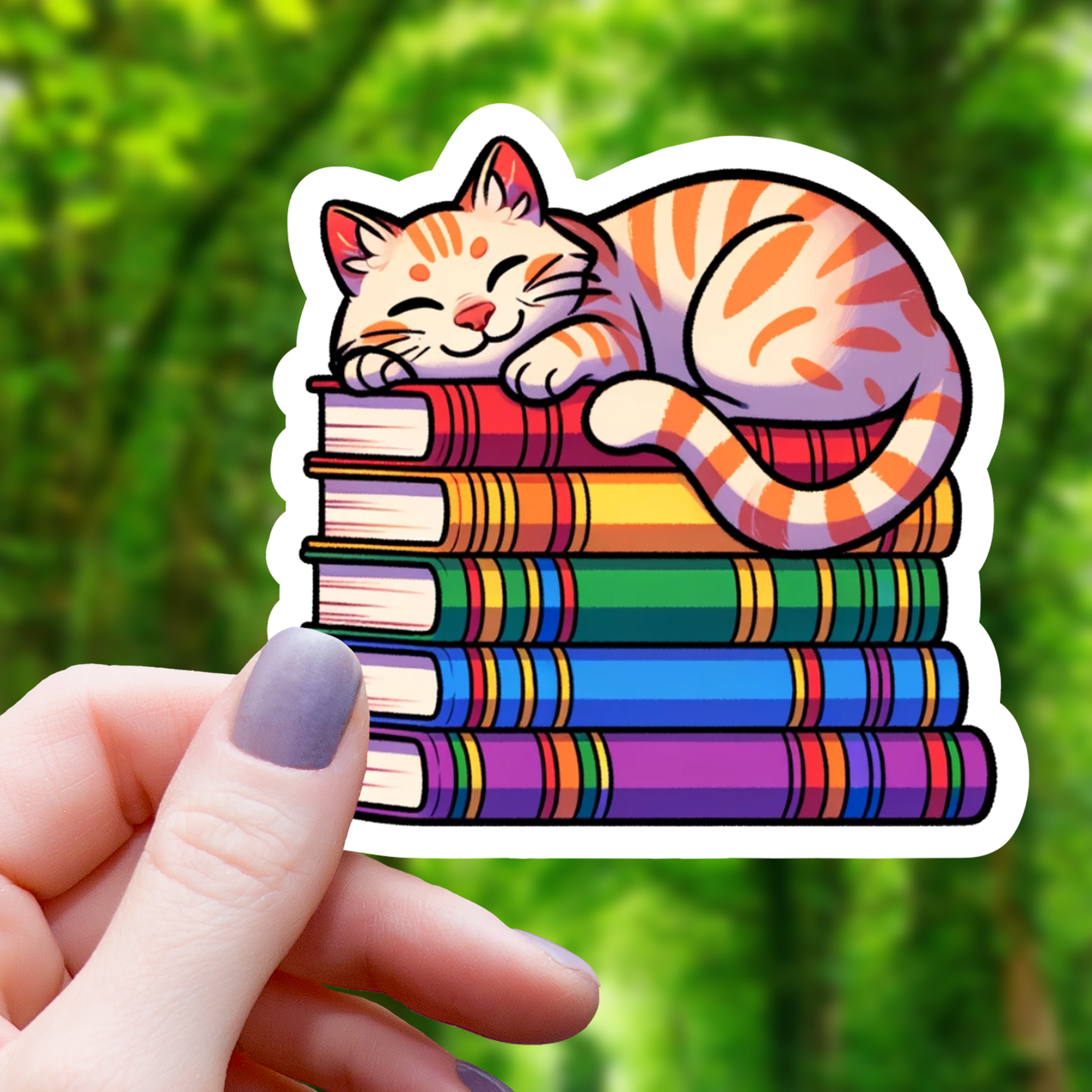 Tabi Cat On Pile of Books Sticker - 3"