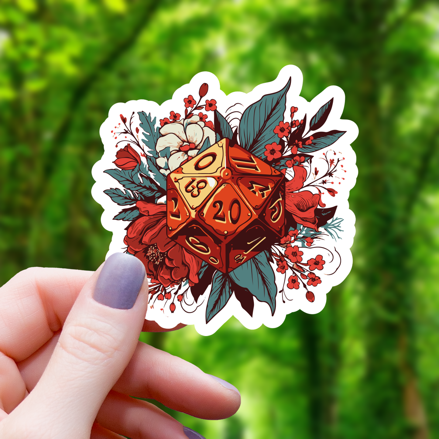 Floral Polyhedral D20 Dice Sticker - 3"