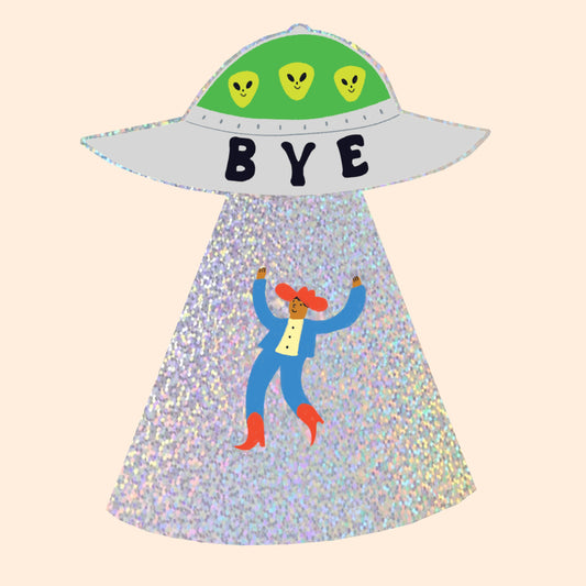 'Bye' Cowboy UFO Glitter Sticker | Die Cut Alien Sticker