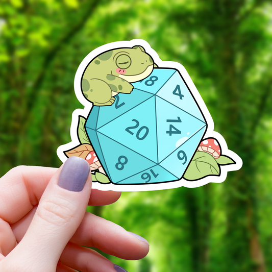 Chibi Frog Sleeping on D20 Sticker - 3"