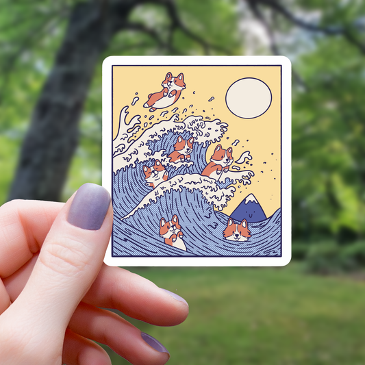 Corgi Japanese Big Wave Art Inspired Sticker - 3"