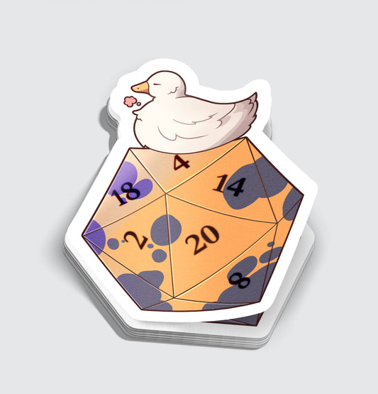 Cute Duck Sitting Atop Polyhedral D20 Sticker - 3"