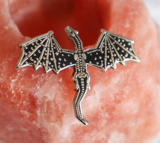 Black and Silver Plated Skeleton Dragon Enamel Pin