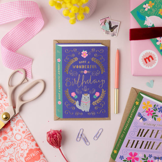 Cat Book Cover Birthday Card | Luxury Gold Foil Card
