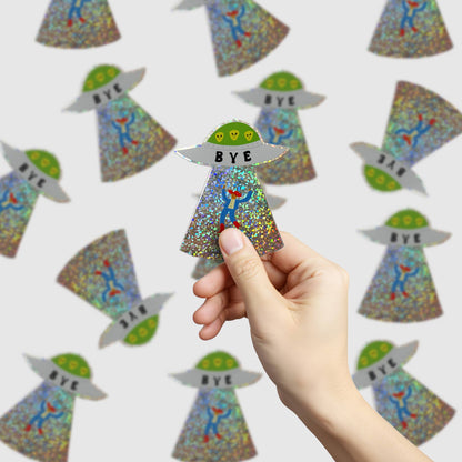 'Bye' Cowboy UFO Glitter Sticker | Die Cut Alien Sticker