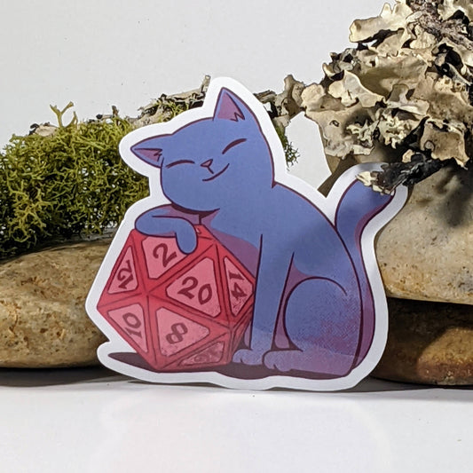 Grey Cat Holding Onto D20 Polyhedral Dice Sticker - 2.5"