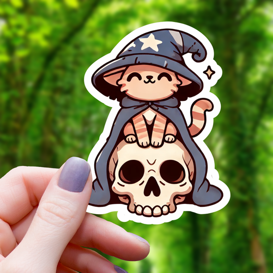 Baby Cat Wizard on Skull Sticker- 3"