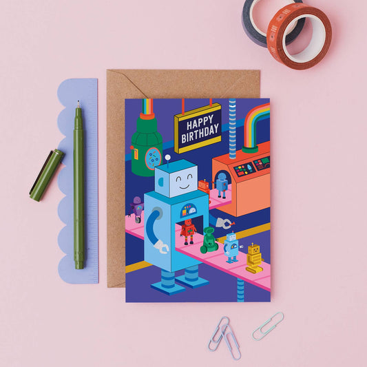 Robot Workshop Birthday Card | Isometric Robot Card
