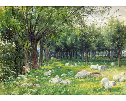 Sheep in an Orchard at Springtime