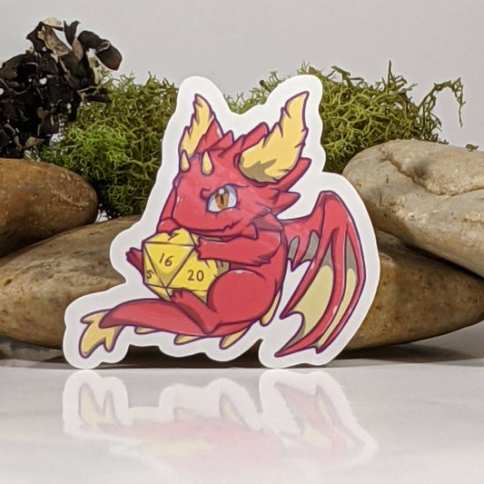 Red Dragon Holding A Polyhedral D20 Sticker - 2.5"