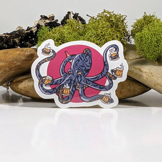 Octopus Wielding Multiple Beers Sticker - 2.5"