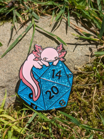 Axolotl on D20 Hard Enamel Pin -1.5"