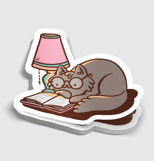 Book Reading Cat With Glasses Sticker - 3"