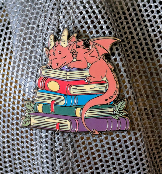 Dragon Sleeping on Top of Books Enamel Pin - 1.5"