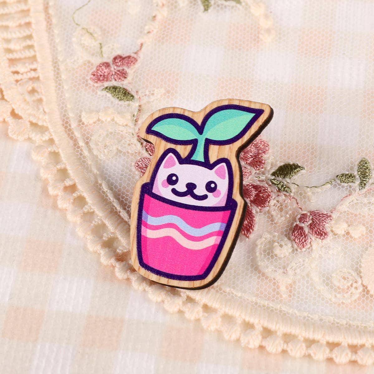 Plant Cat Pin Badge | Cute Cat Wooden Pin