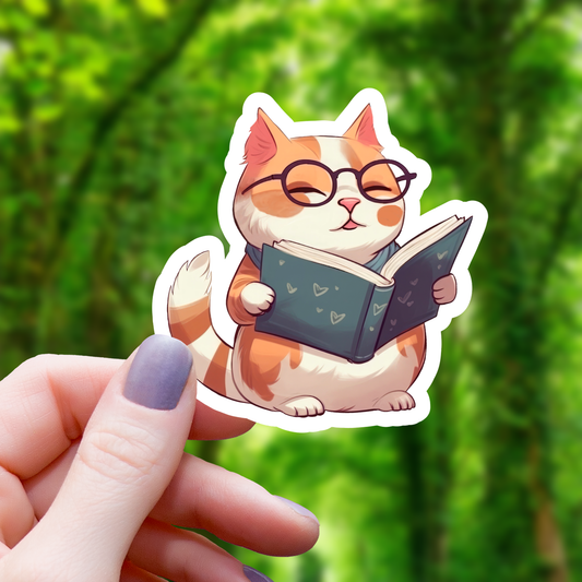Cat With Glasses Reading a Book Sticker - 3"