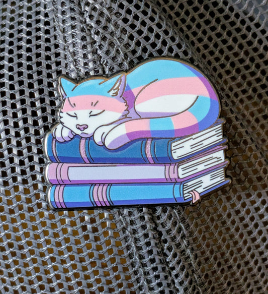 Trans Cat On Pile of Books Enamel Pin - 1.5"