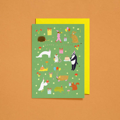 Woodland Party Birthday Card | Gold Foiled Greeting Card