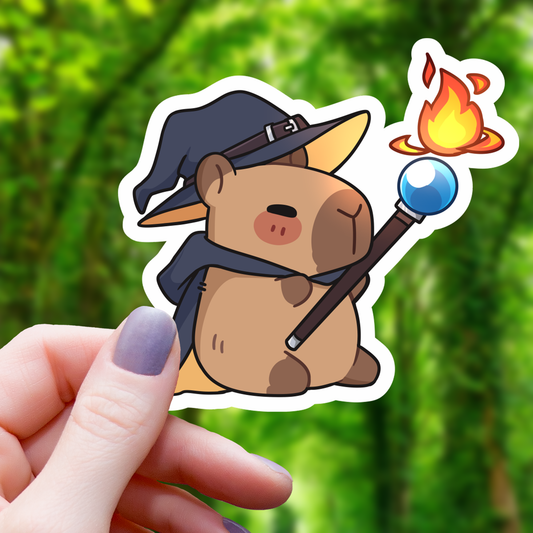 Capybara Wizard Casting Fireball Sticker- 3"